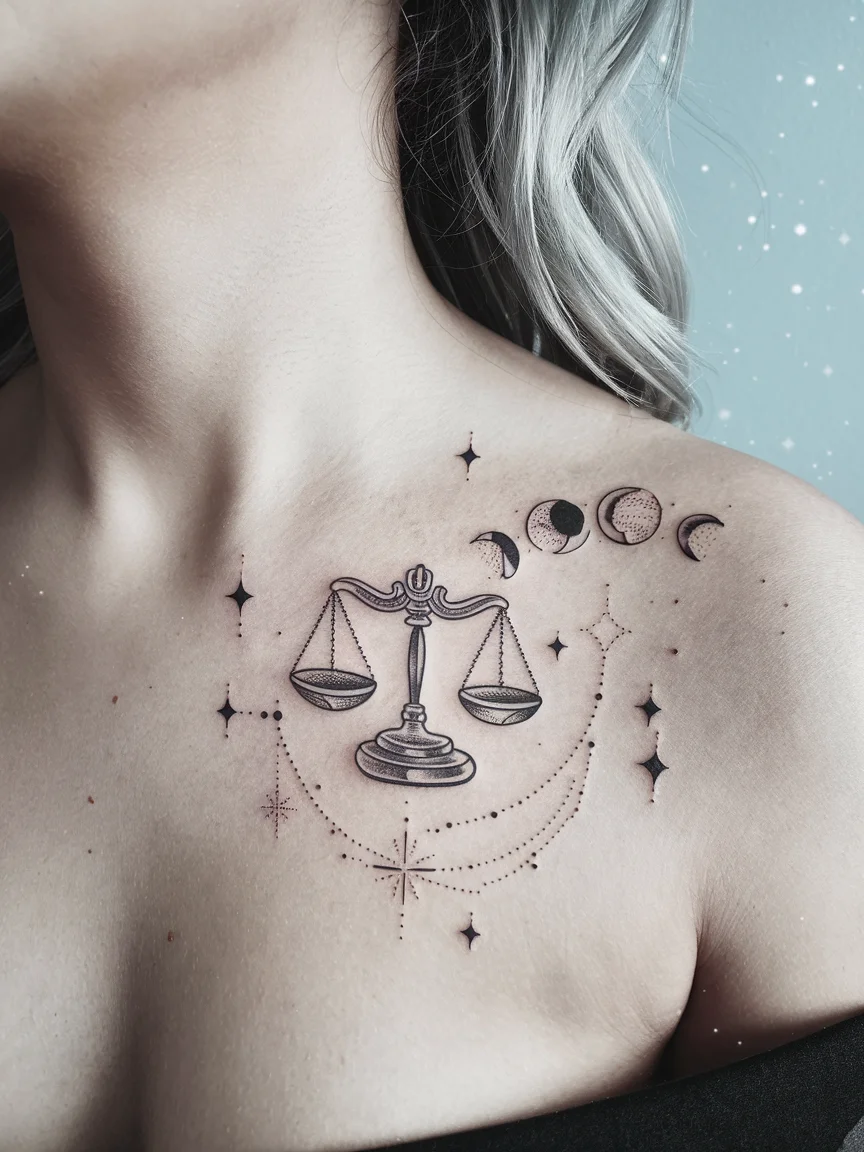 Woman's collarbone with balanced scales constellation tattoo