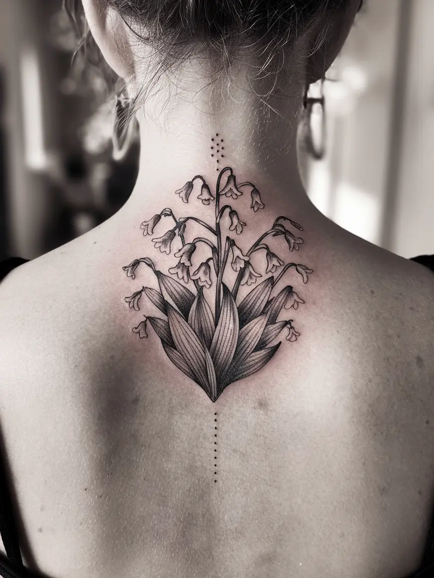 Lily of the valley cluster back of neck tattoo