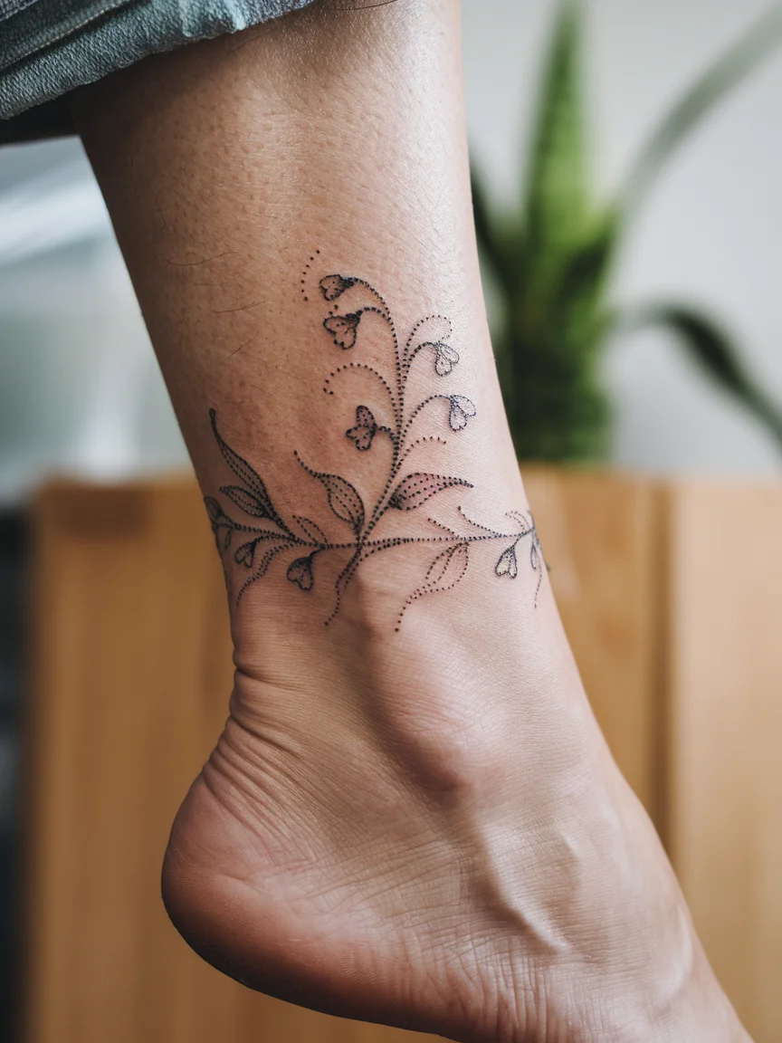 Dotwork lily of the valley ankle bracelet tattoo