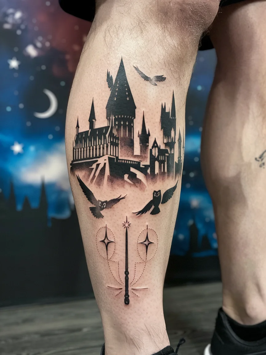 Man's calf tattoo of Hogwarts castle
