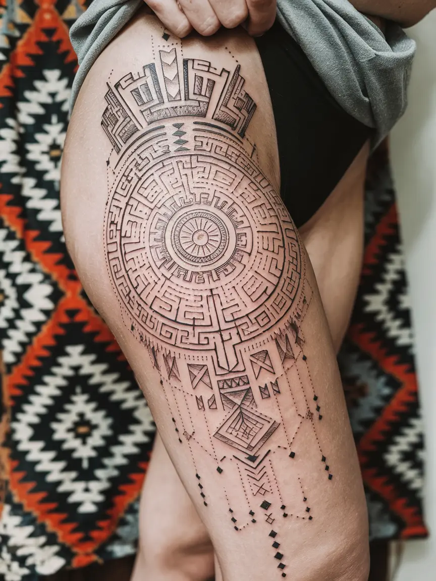 Mayan calendar neotribal tattoo on thigh