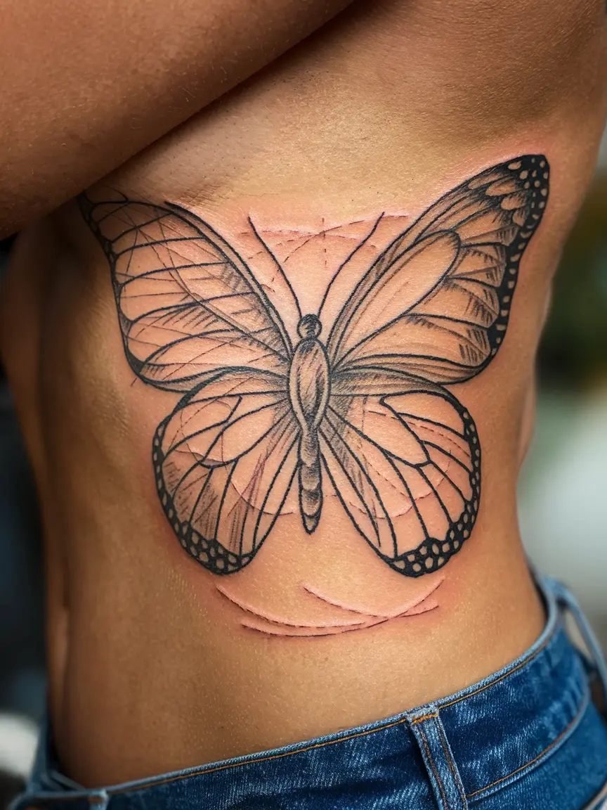 Sketchy butterfly tattoo on ribcage
