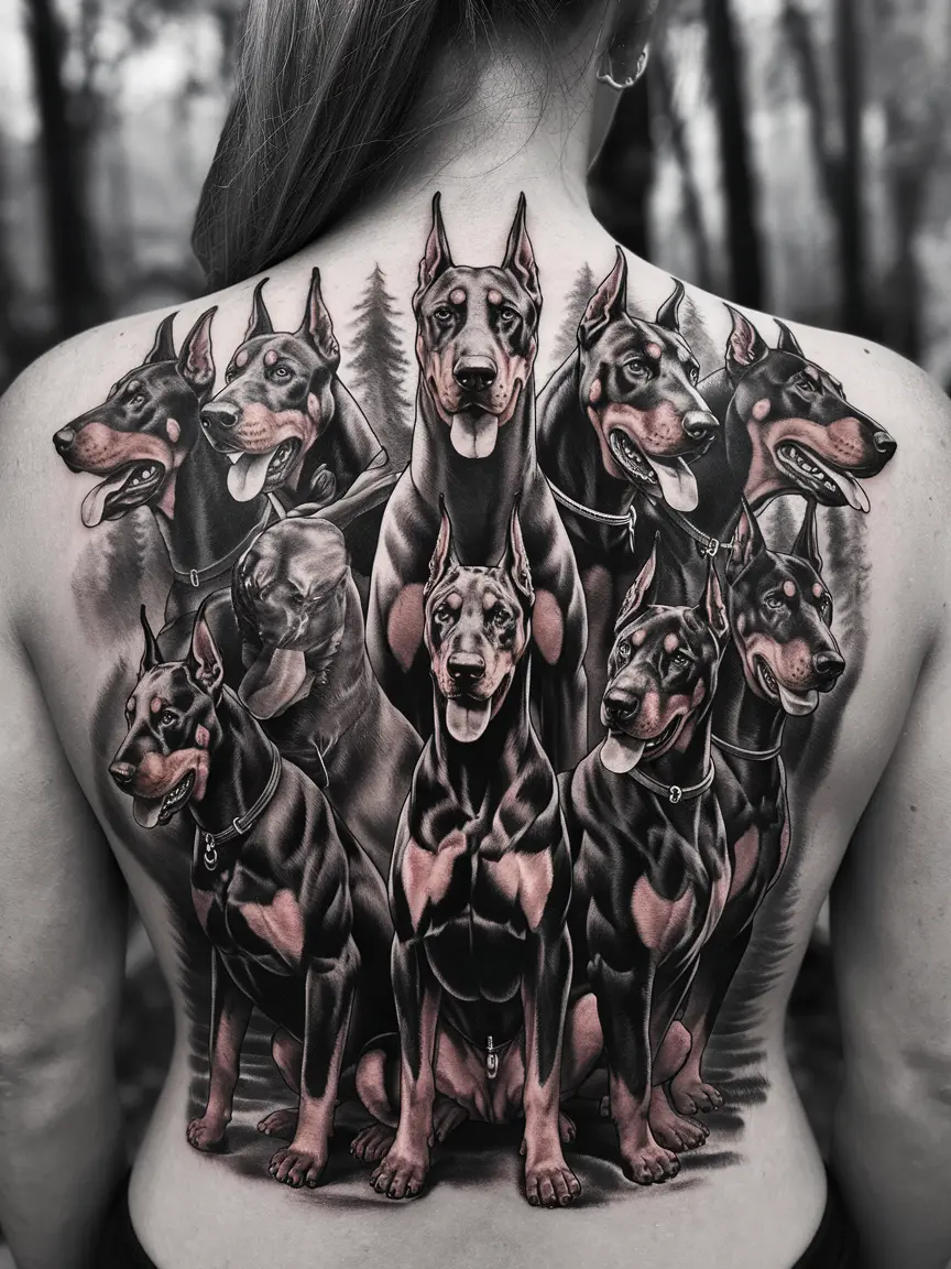 Doberman pack tattoo on full back