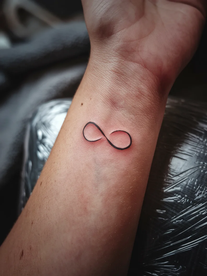 Woman's wrist with simple infinity symbol stick and poke tattoo