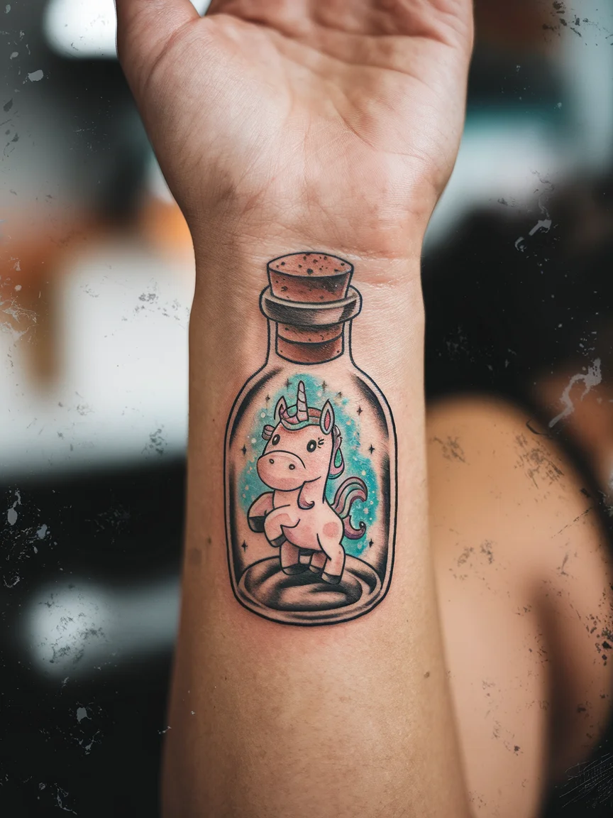 Unicorn in a bottle tattoo on woman's wrist