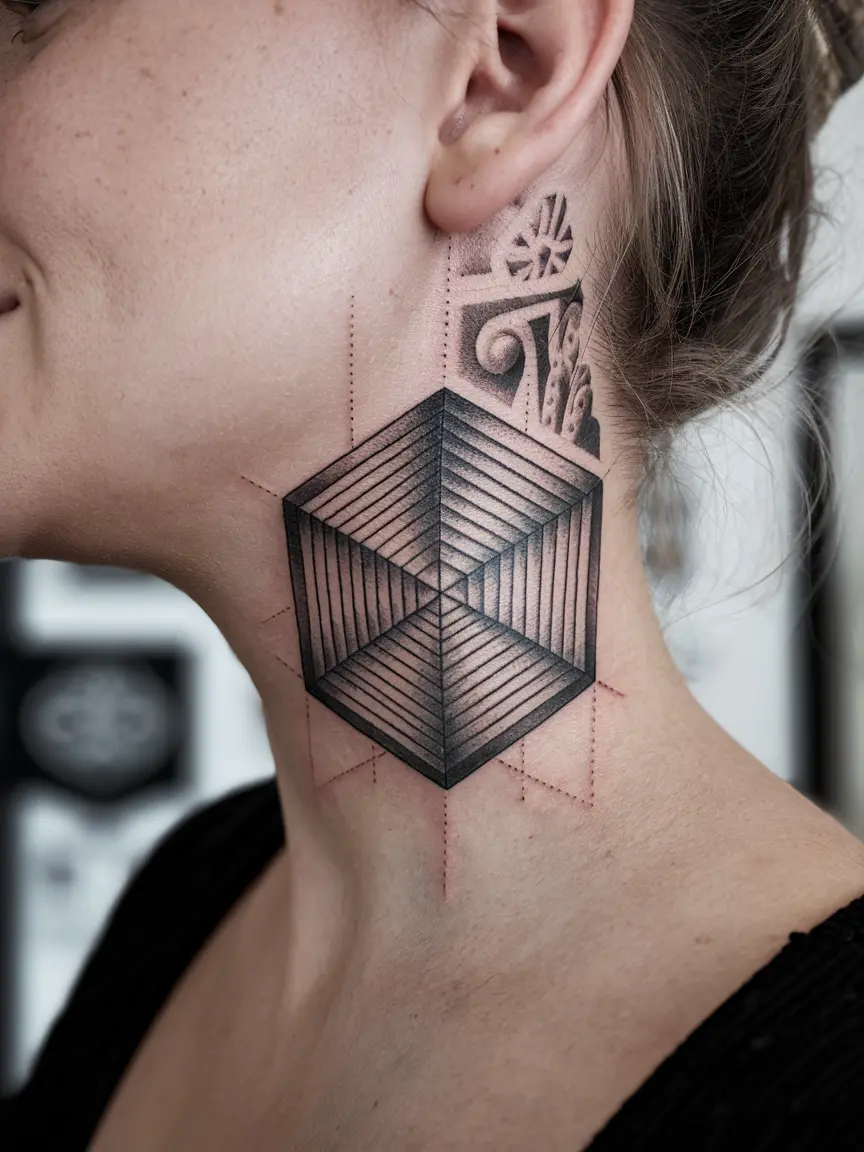 Optical illusion neck tattoo