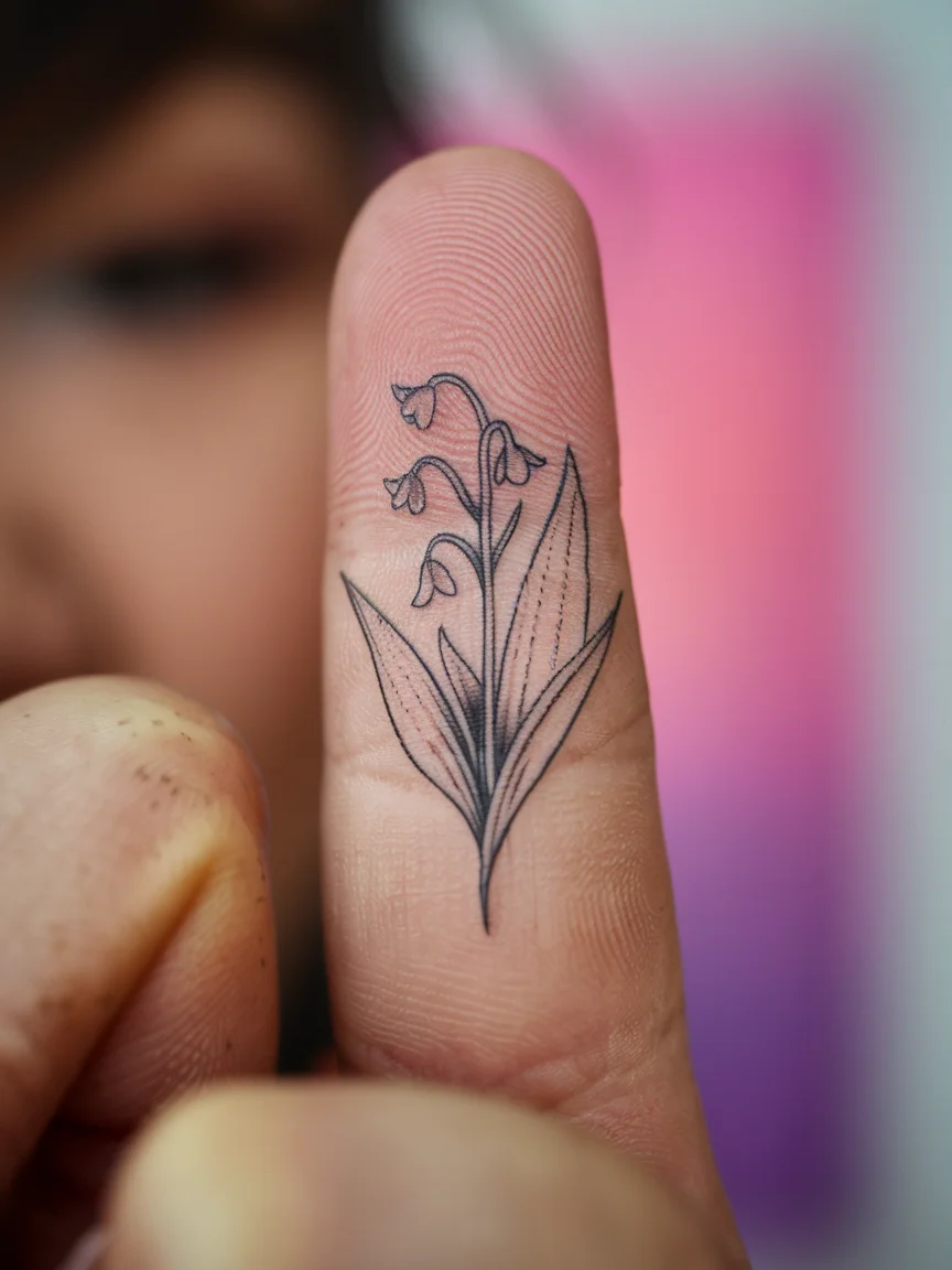 Tiny lily of the valley finger tattoo