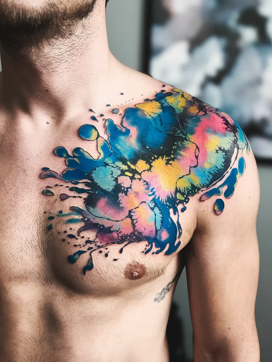 Abstract watercolor chest tattoo on man