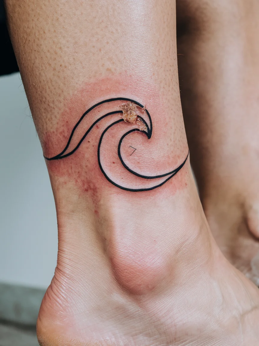 Woman's ankle with minimalist wave stick and poke tattoo