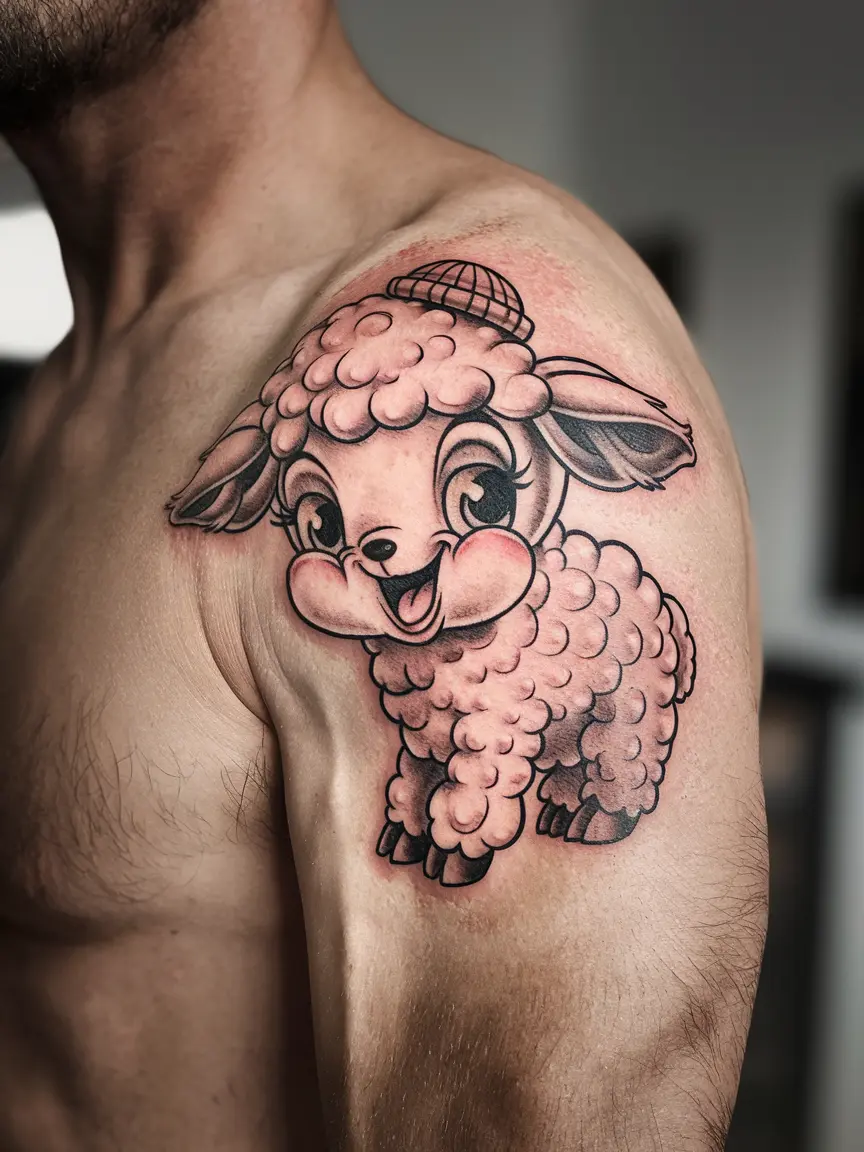 Cartoon-style lamb tattoo on bicep