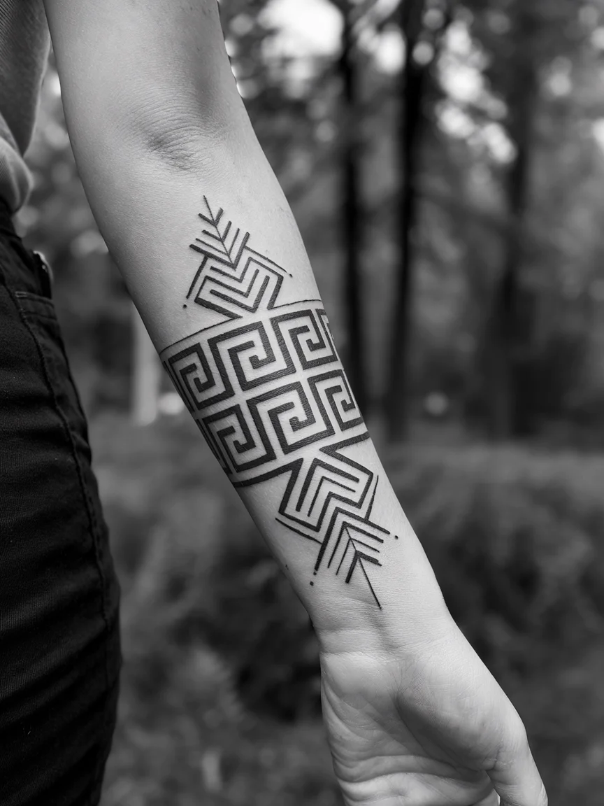 Greek meander pattern neotribal tattoo on wrist