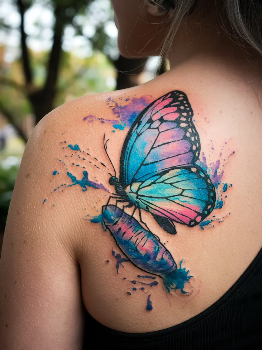 Watercolor butterfly neck tattoo
