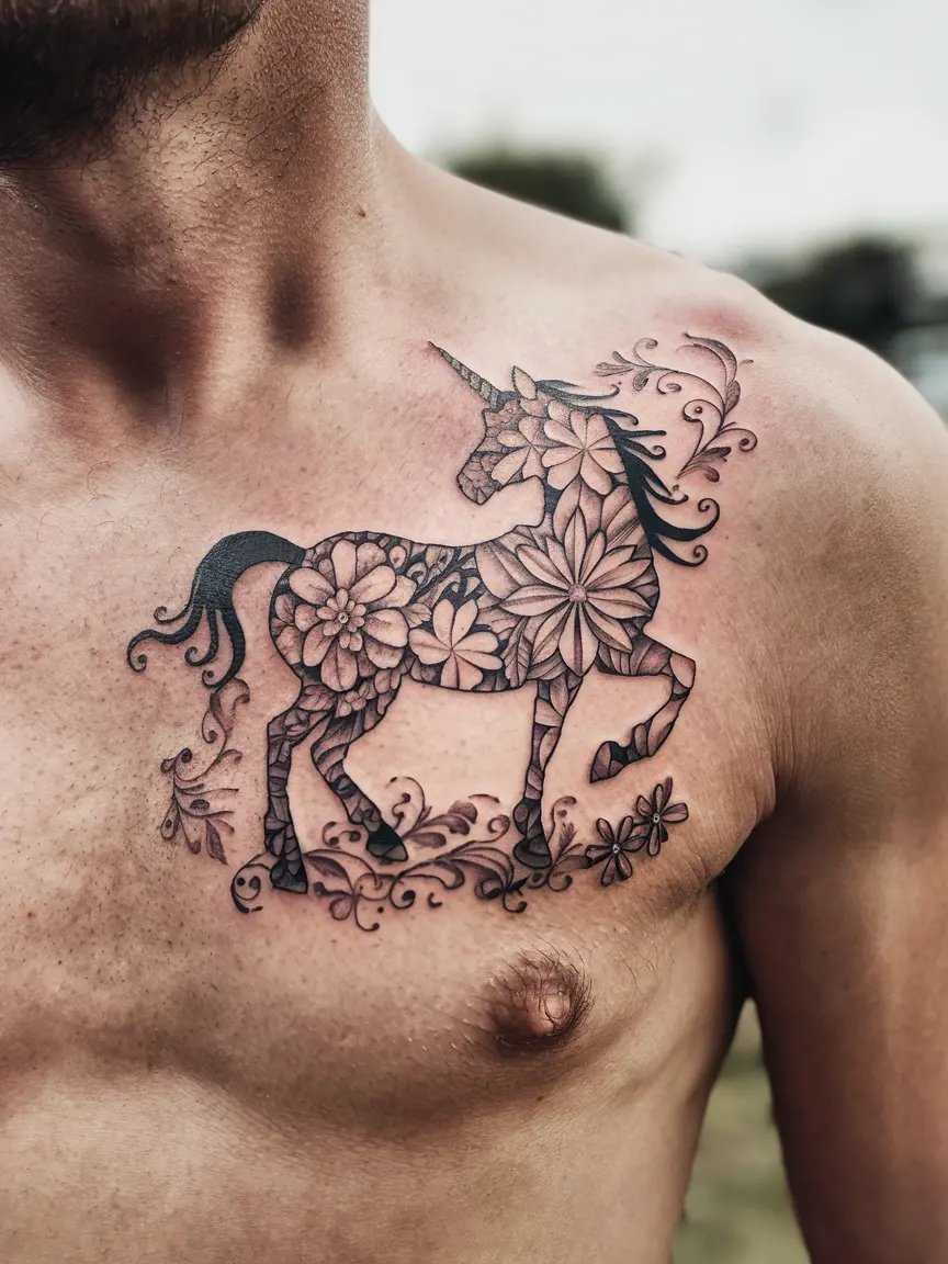 Floral unicorn tattoo on man's chest