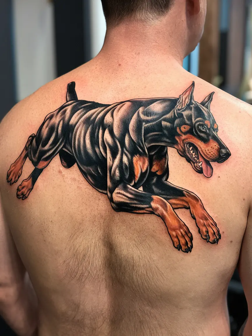 Action Doberman tattoo on back