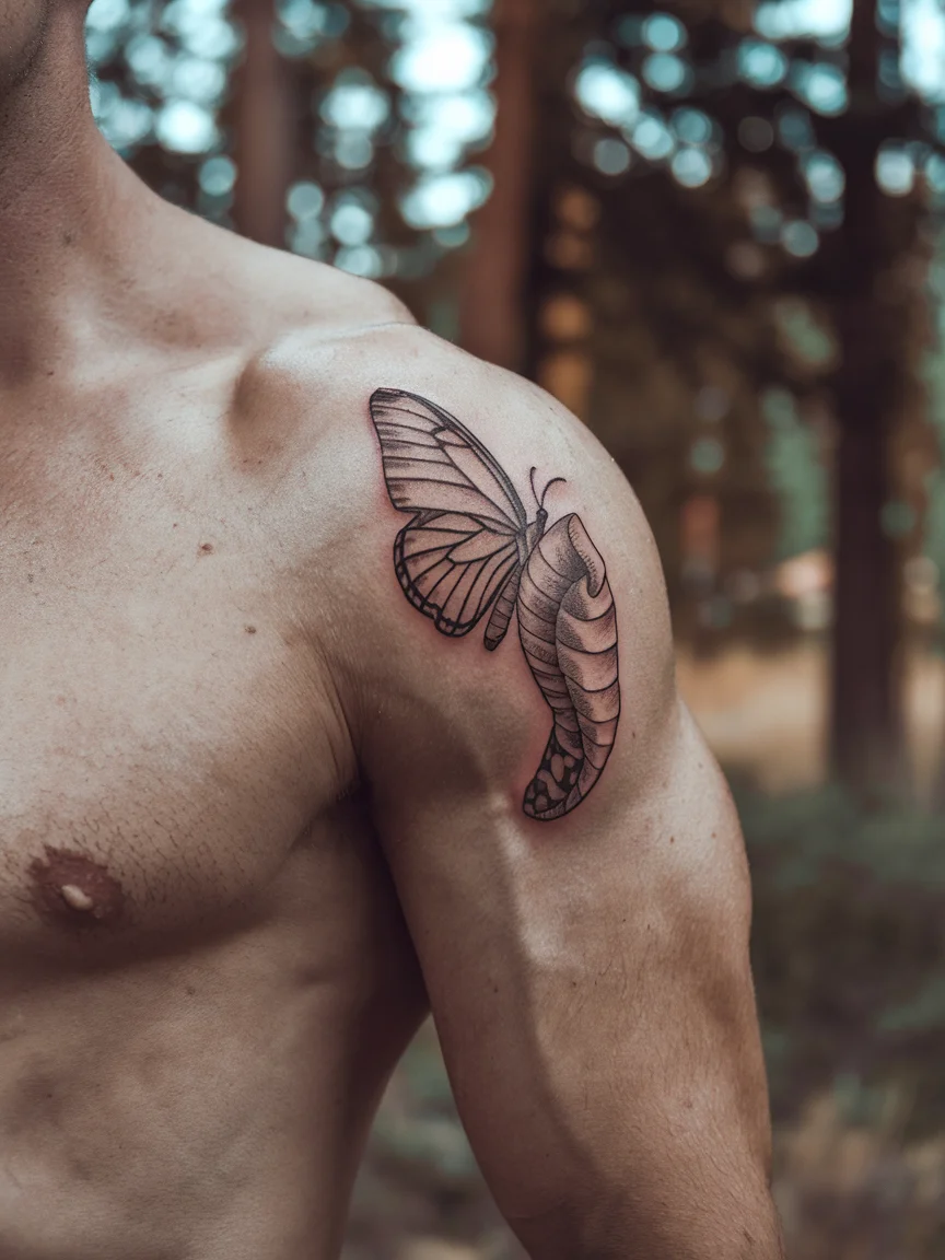 Butterfly emerging from cocoon tattoo on bicep