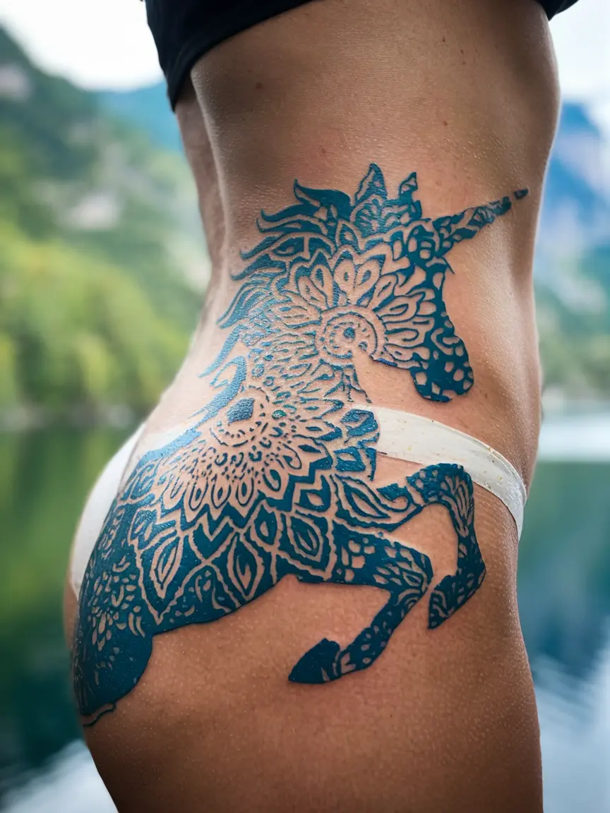 Mandala unicorn tattoo on woman's hip
