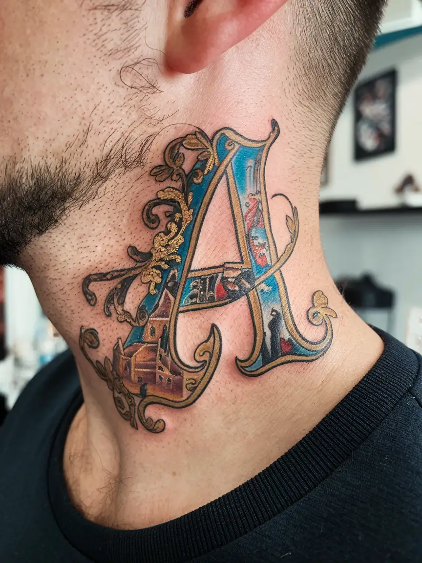 Man's neck tattoo of illuminated manuscript initial