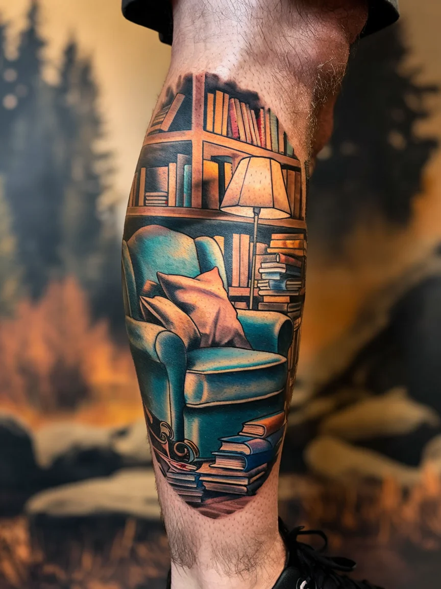 Man's leg tattoo of reading nook scene