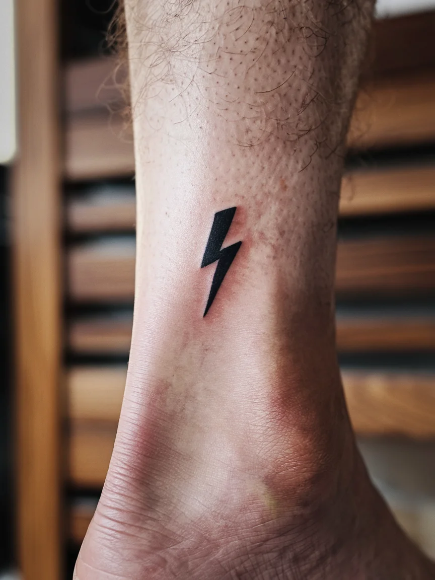 Man's ankle with tiny lightning bolt stick and poke tattoo