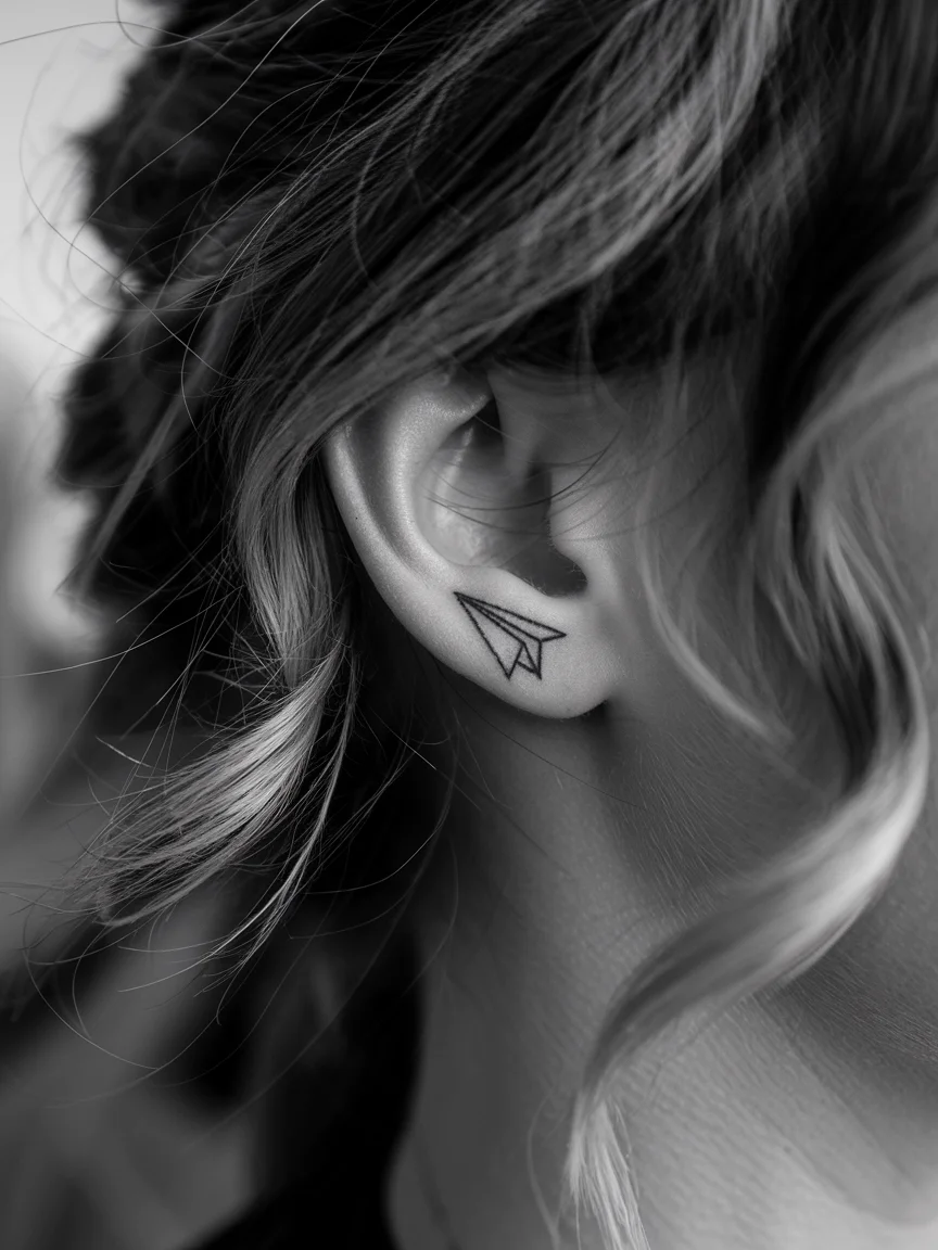 Woman's behind-the-ear with tiny paper airplane stick and poke tattoo