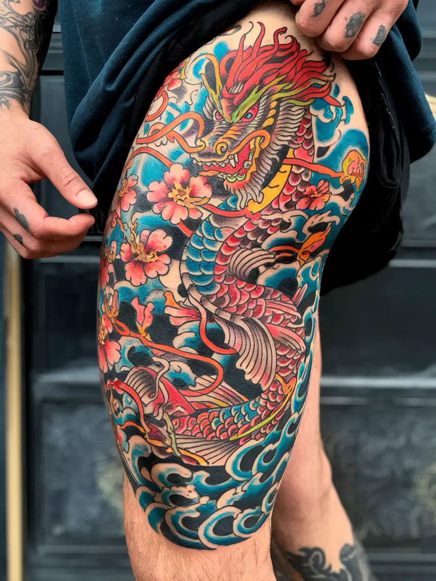 Japanese dragon and koi thigh tattoo