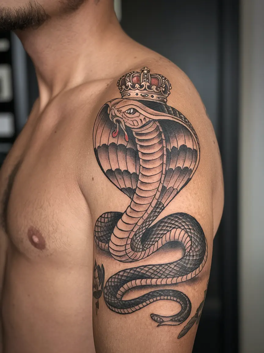 King cobra with crown arm tattoo