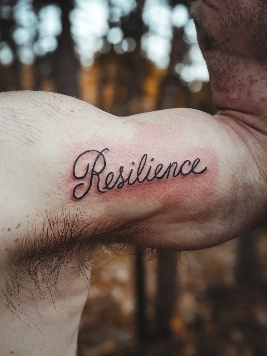 Man's inner bicep with symbolic word stick and poke tattoo