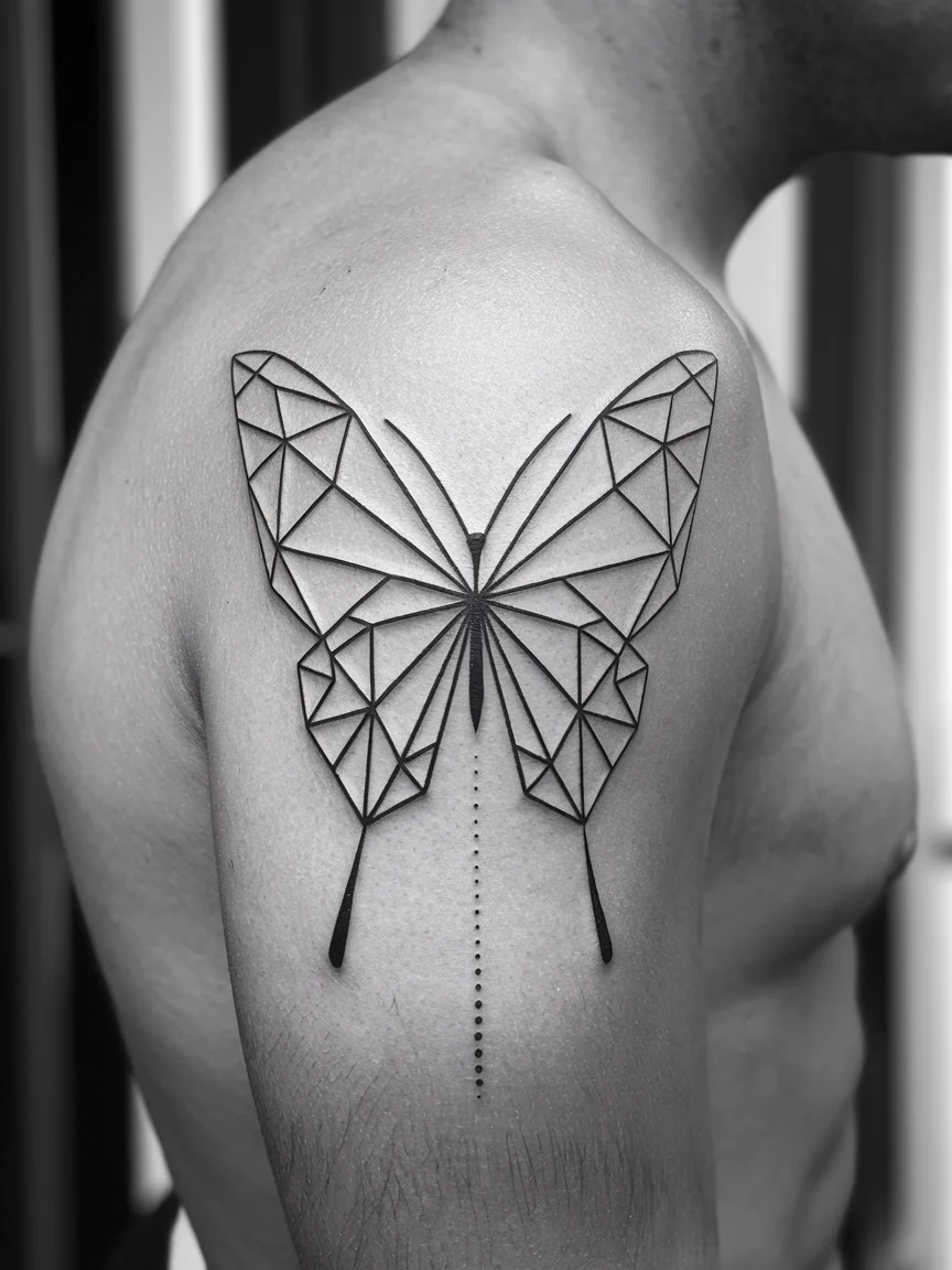 Geometric black butterfly tattoo on upper arm