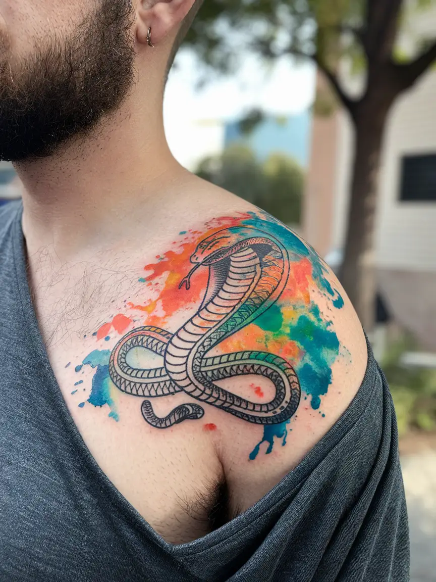 Watercolor cobra shoulder tattoo