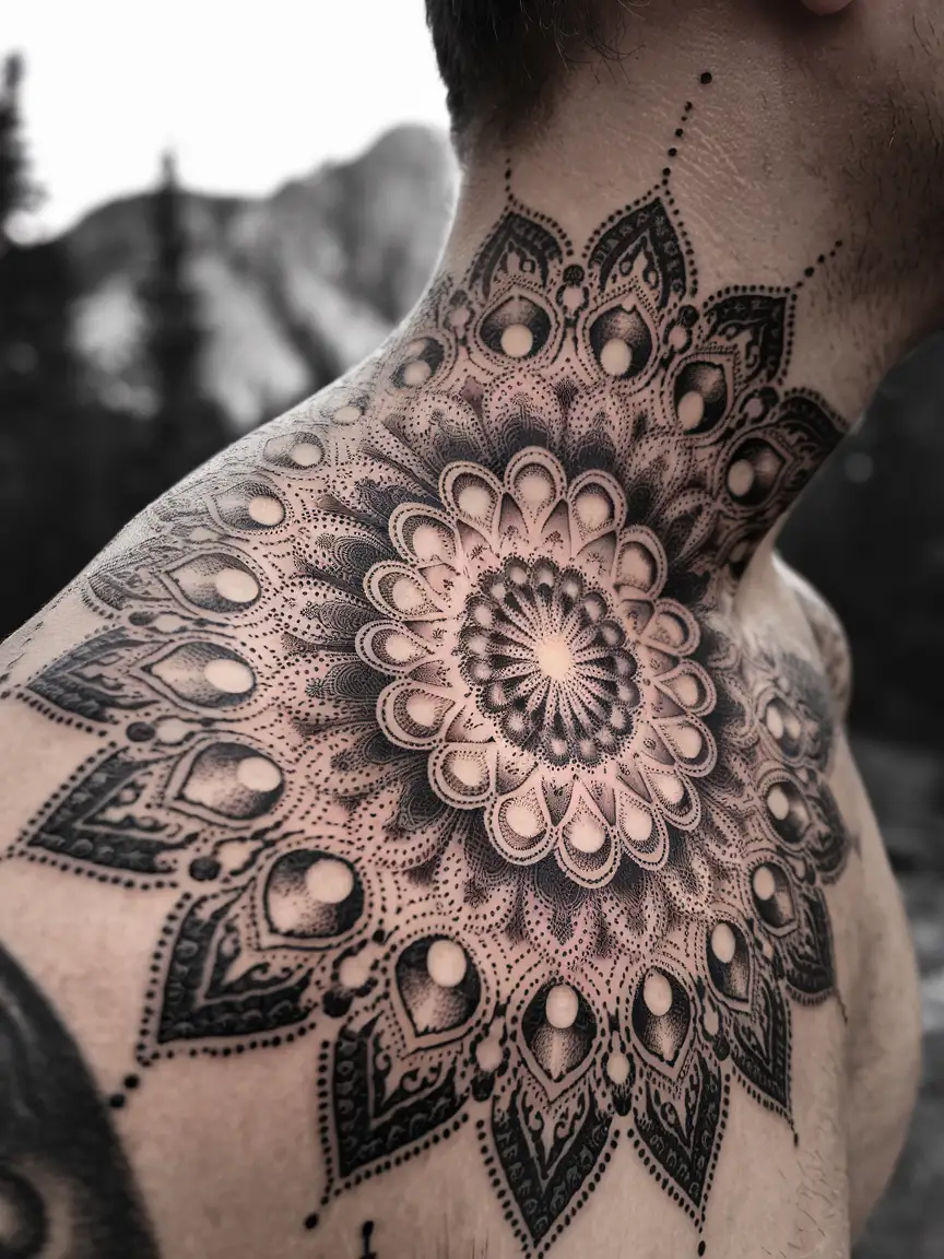 Dotwork mandala neck tattoo