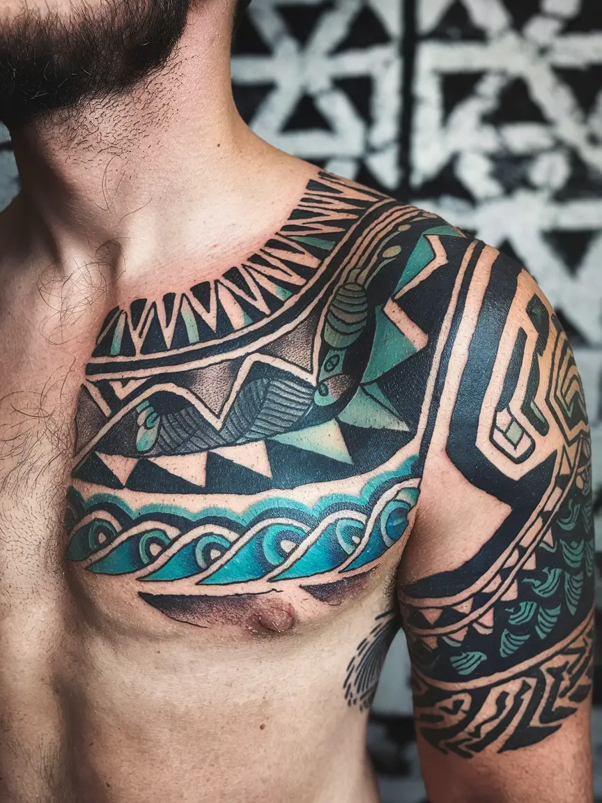Polynesian-inspired neotribal chest tattoo