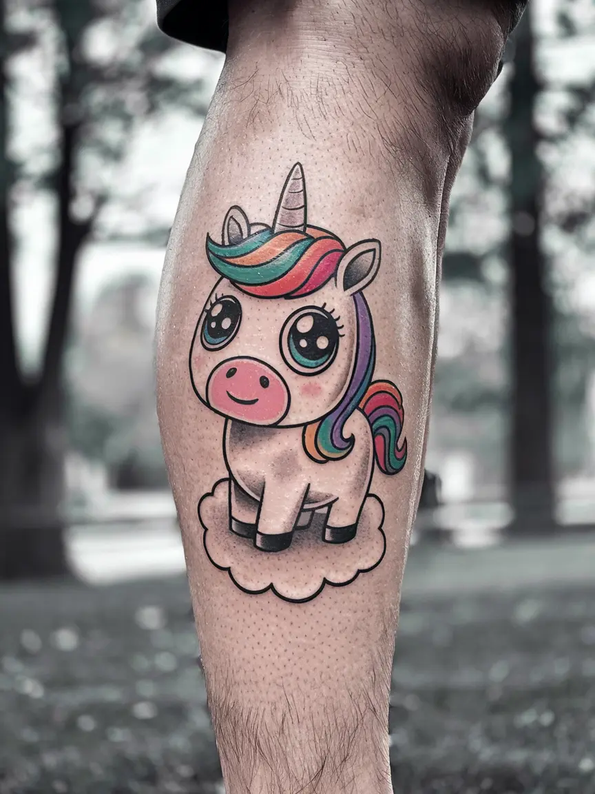 Cartoon-style unicorn tattoo on man's calf