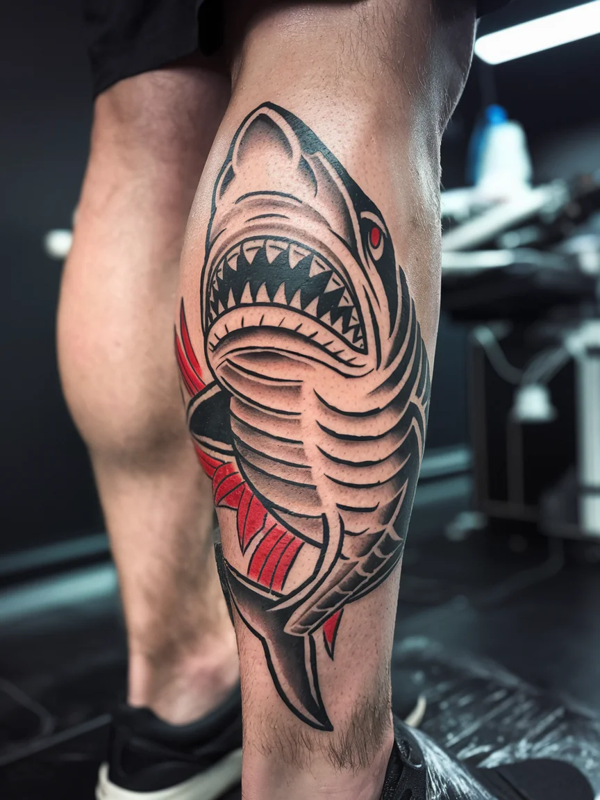 Traditional shark tattoo on calf