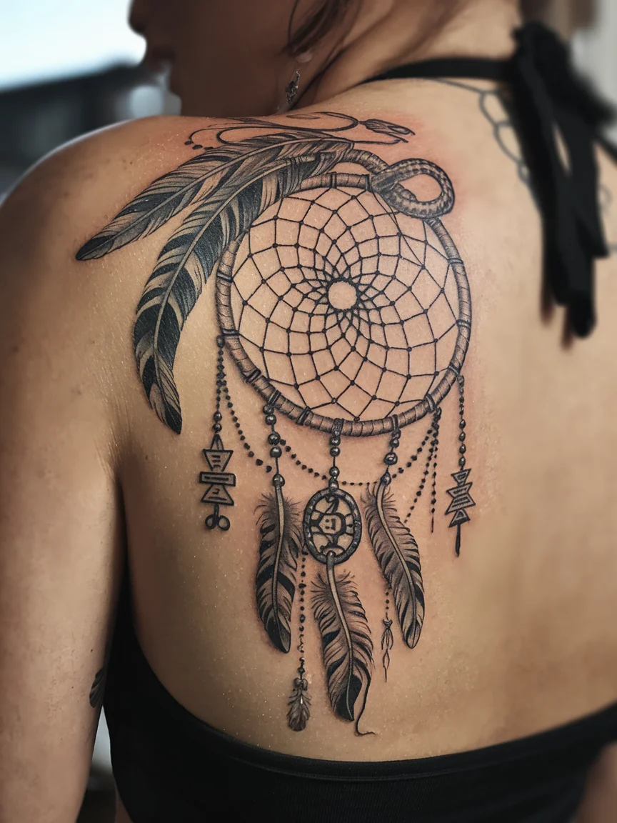 Woman's back tattoo of Quetzalcoatl dreamcatcher