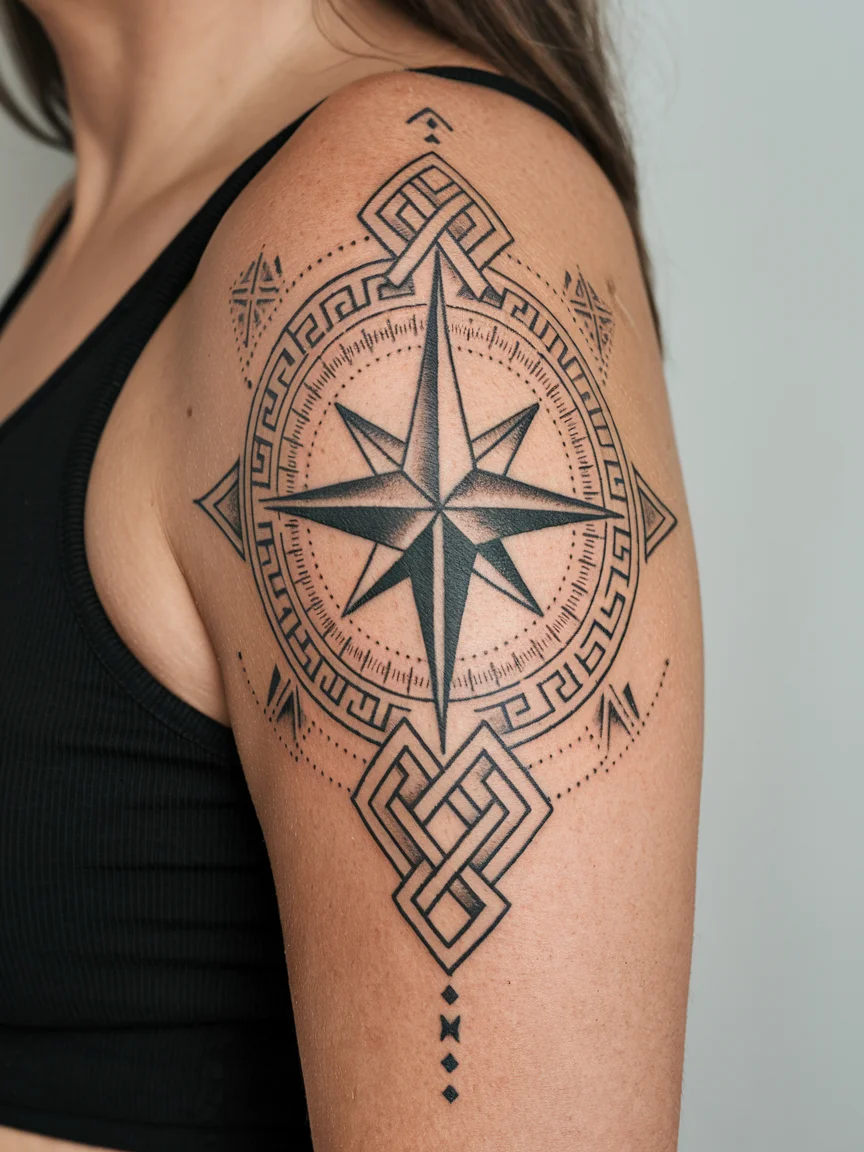 Viking compass neotribal tattoo on upper arm