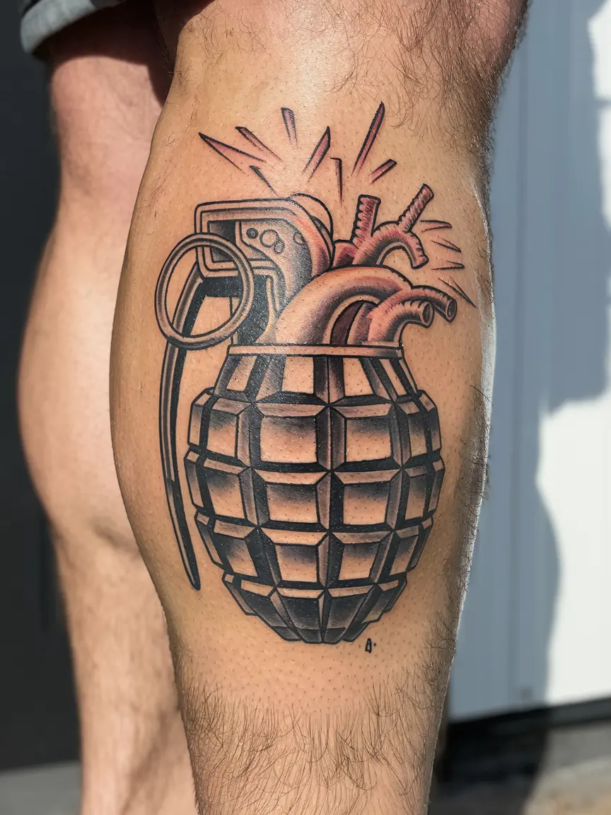 Man's calf with Green Day heart grenade tattoo