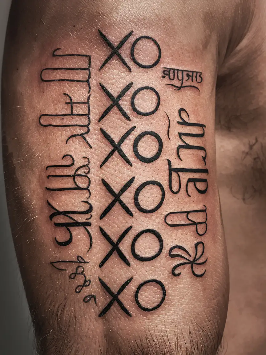 Multilingual XO tattoo on ribcage