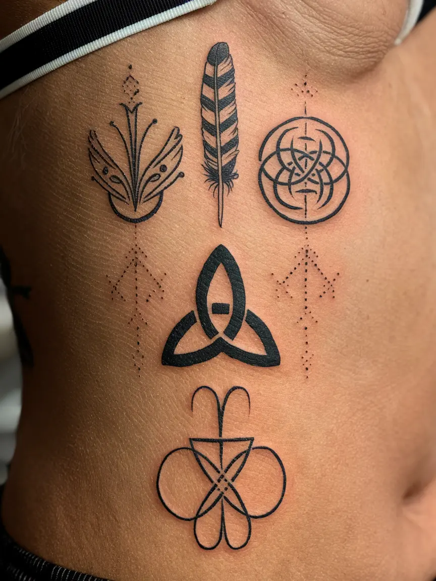 Woman's ribcage with Led Zeppelin symbols tattoo