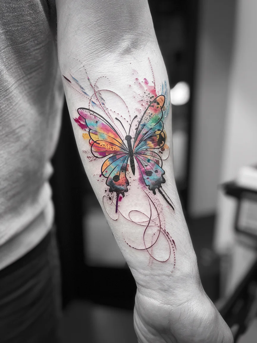 Abstract watercolor butterfly tattoo on forearm