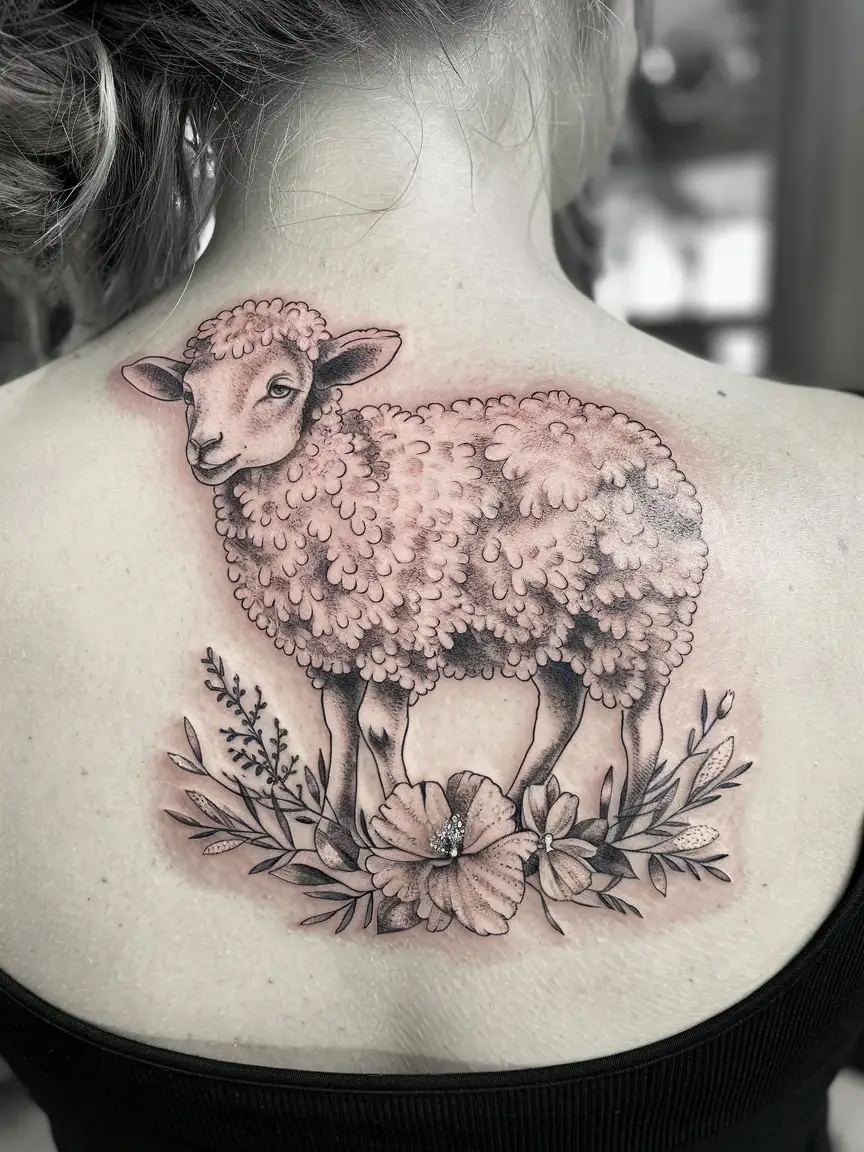 Floral lamb tattoo on back