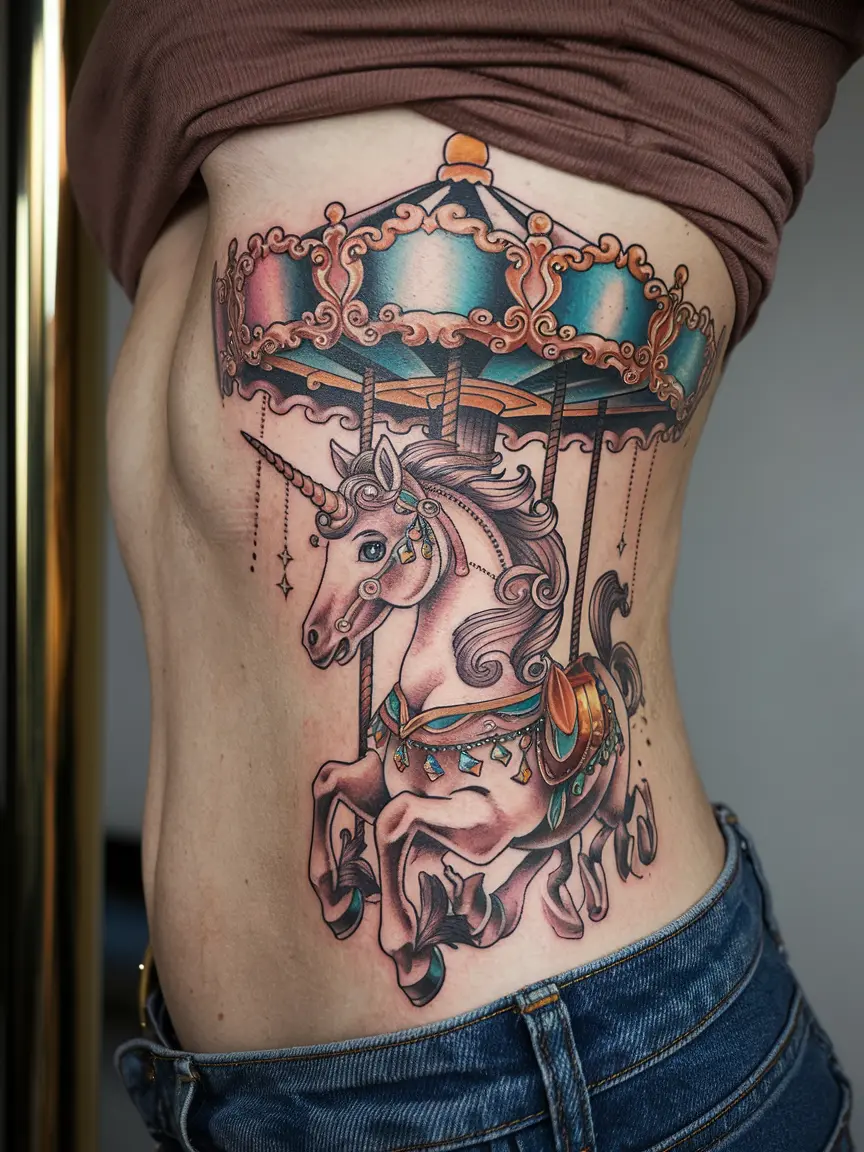 Carousel unicorn tattoo on woman's ribcage