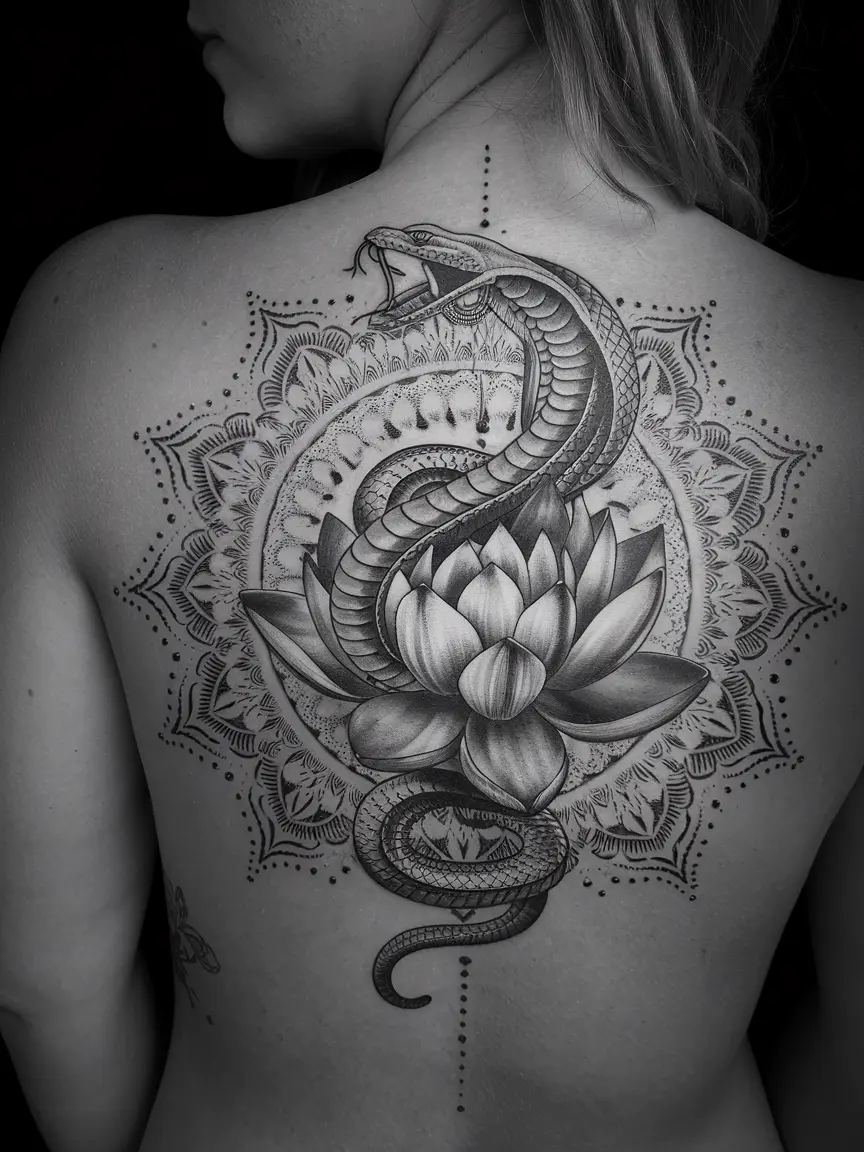 Cobra and lotus flower back tattoo