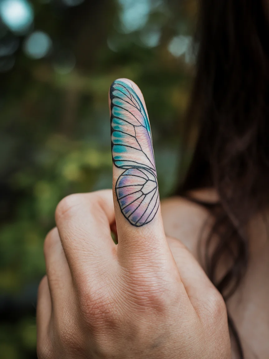 Delicate butterfly wing tattoo on finger