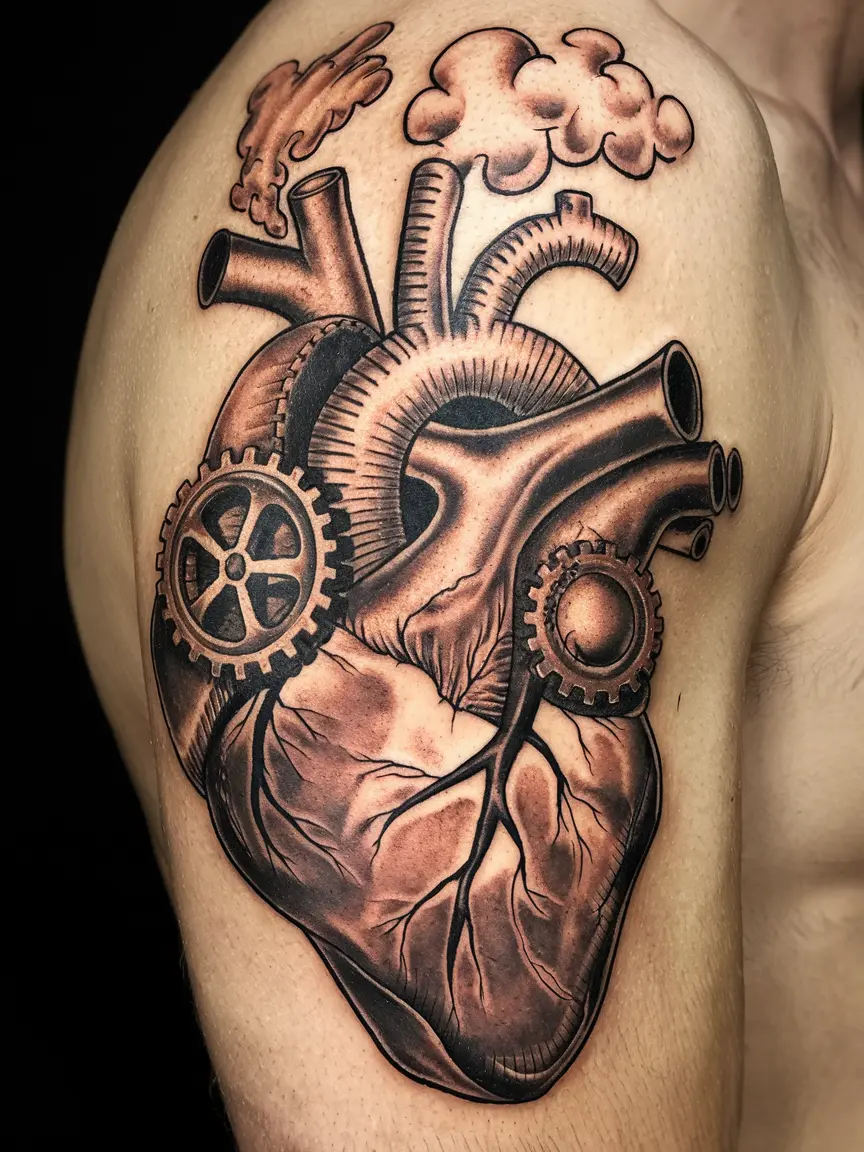 Neotraditional steampunk heart tattoo on side