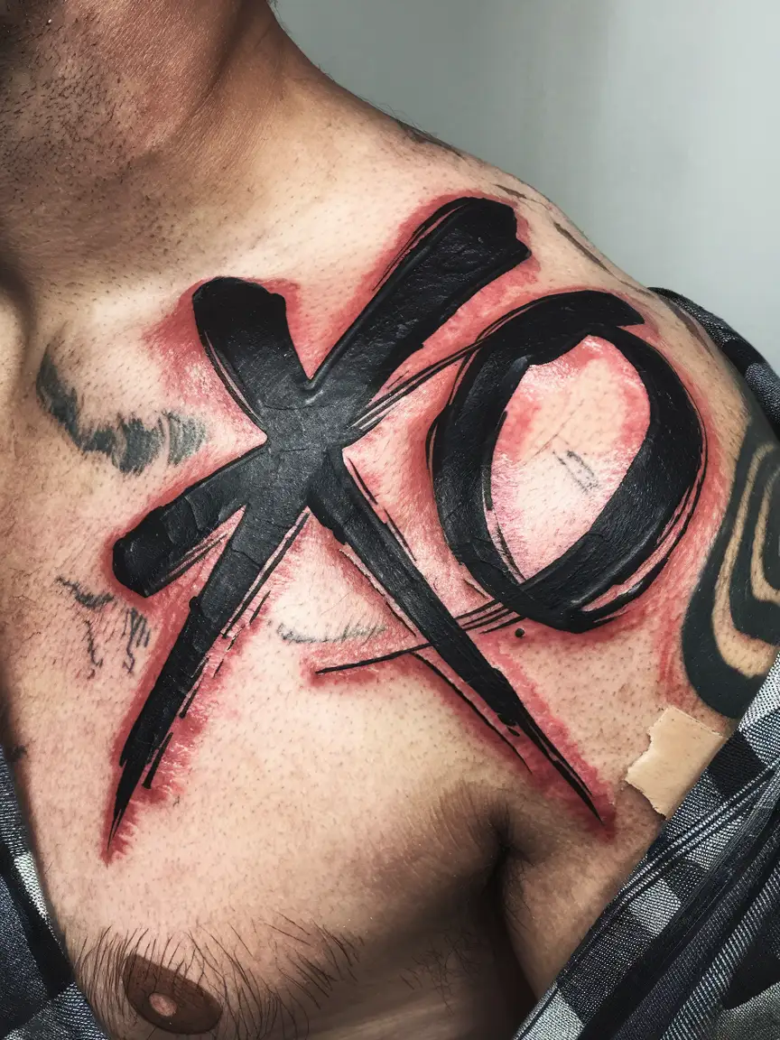 Brushstroke XO tattoo on shoulder