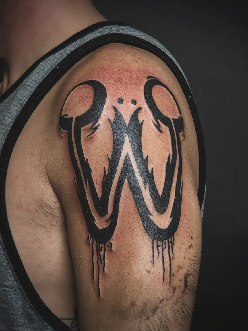 Man's inner bicep with Wu-Tang Clan W tattoo