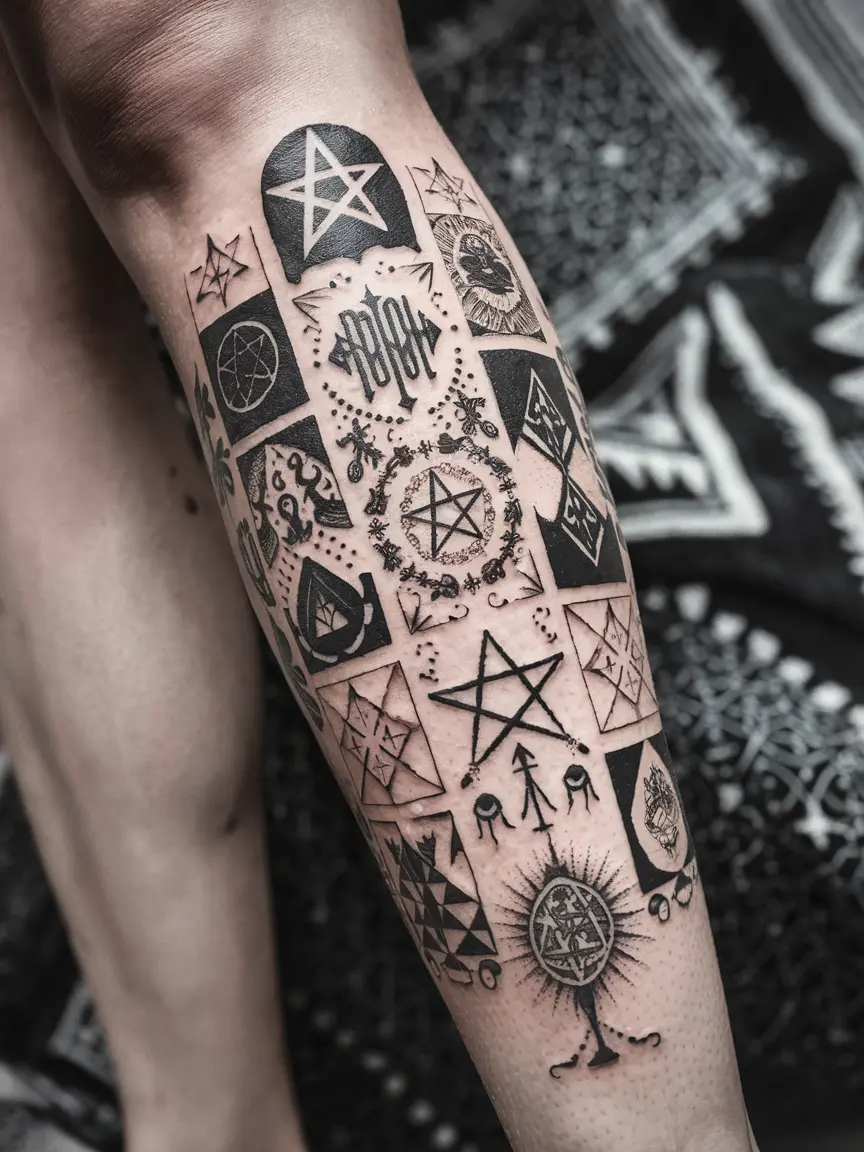Eclectic satanic symbols collage tattoo on leg