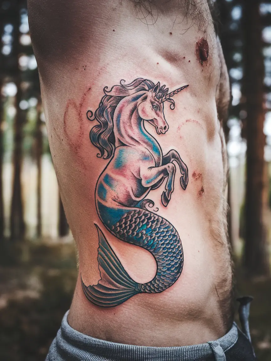 Mermaid unicorn tattoo on man's side