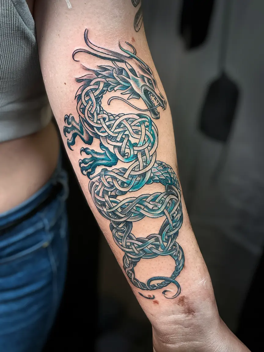 Celtic knotwork dragon forearm tattoo