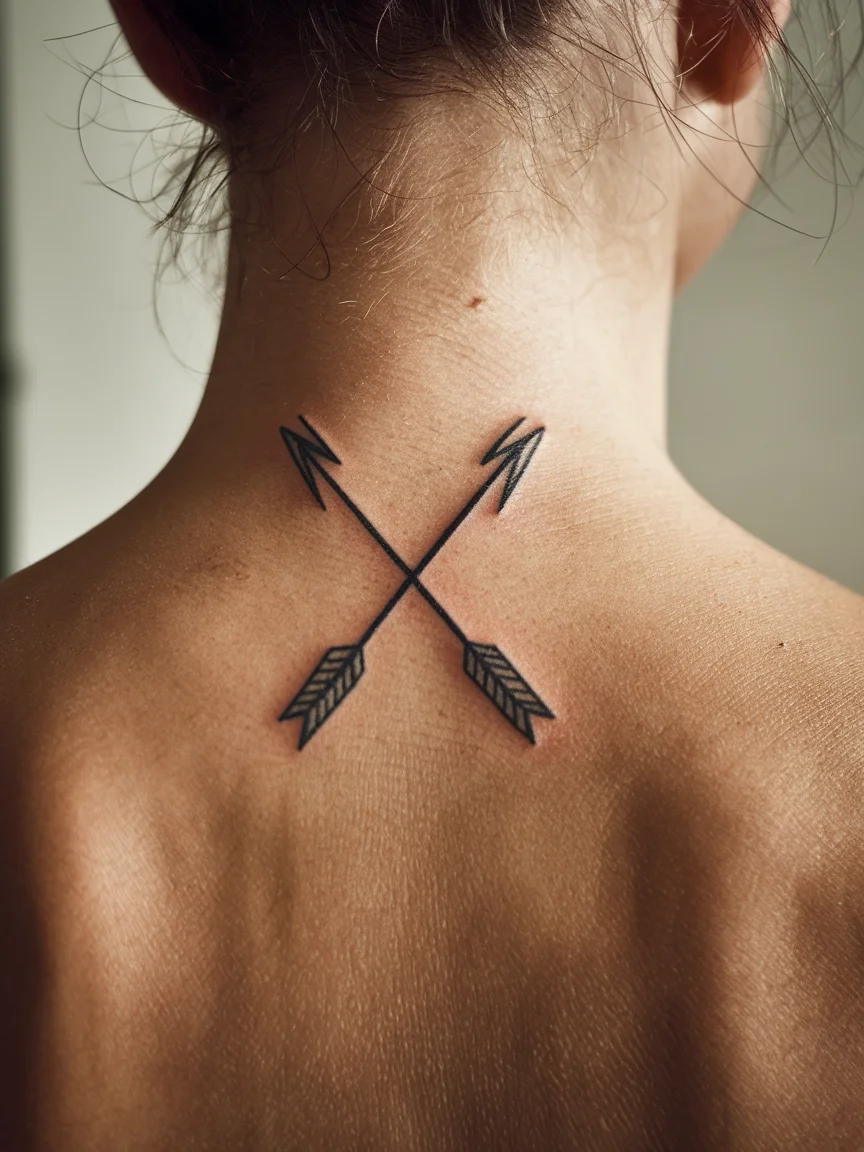 Woman's back of neck with crossed arrows stick and poke tattoo